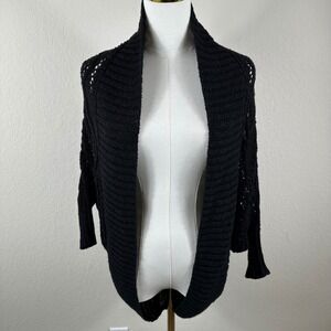 DKNY Linen Cotton Cardigan Womens P/S Black Crochet Shrug Dolman Batwing Cocoon